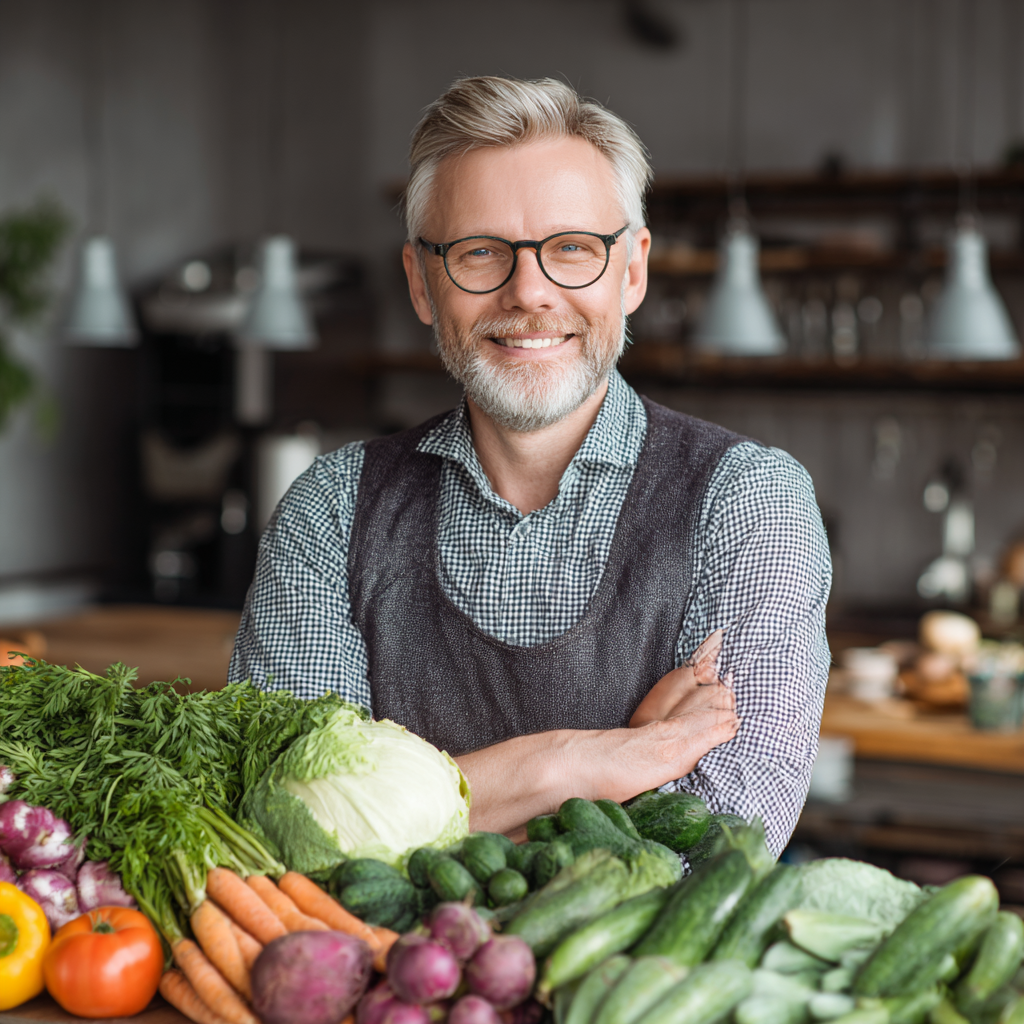 Smiling middle-aged European woman with clear healthy skin holding fresh vegetables and fruits, natural lighting, realistic portrait style